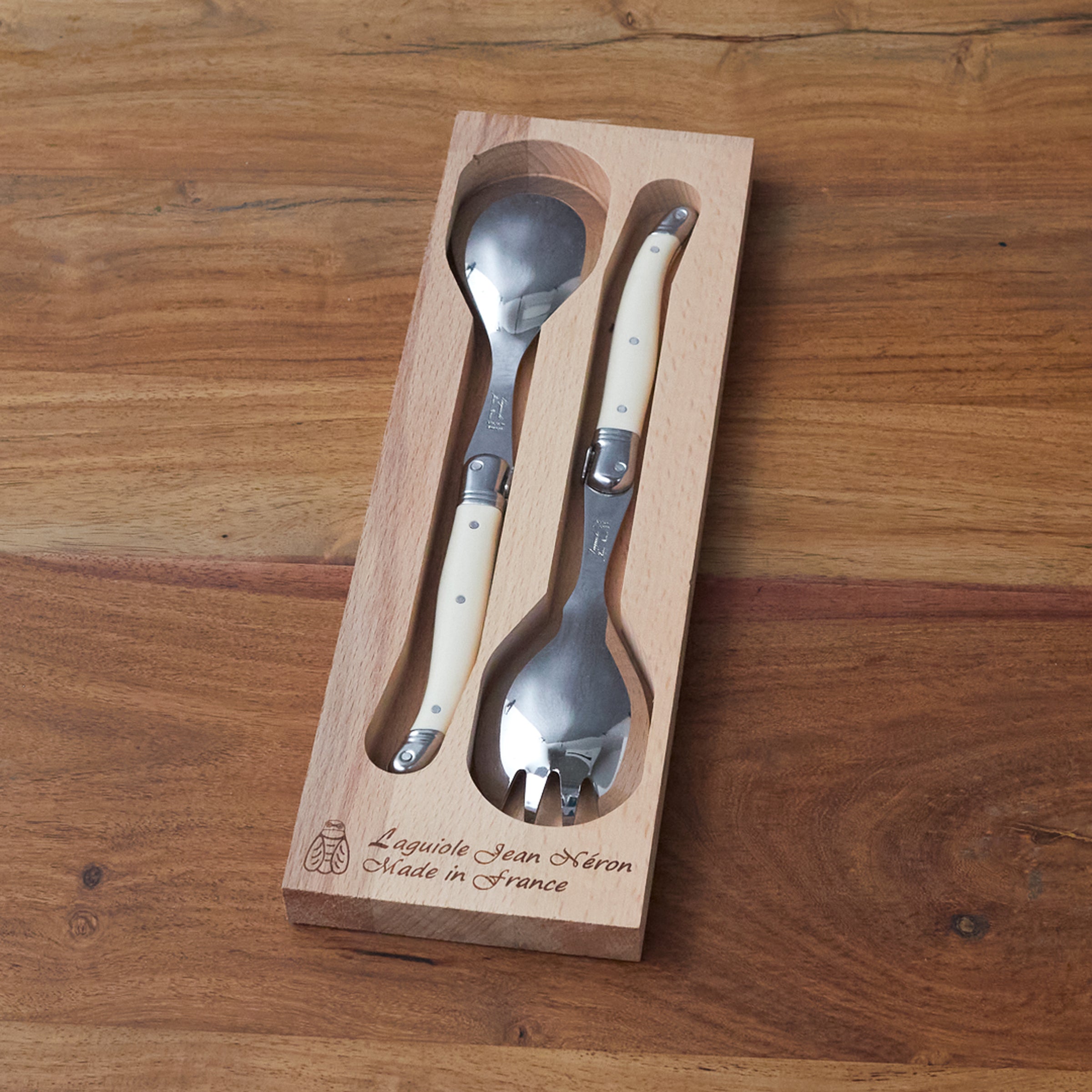 Salad Serving Set with Wood Tray, Ivory