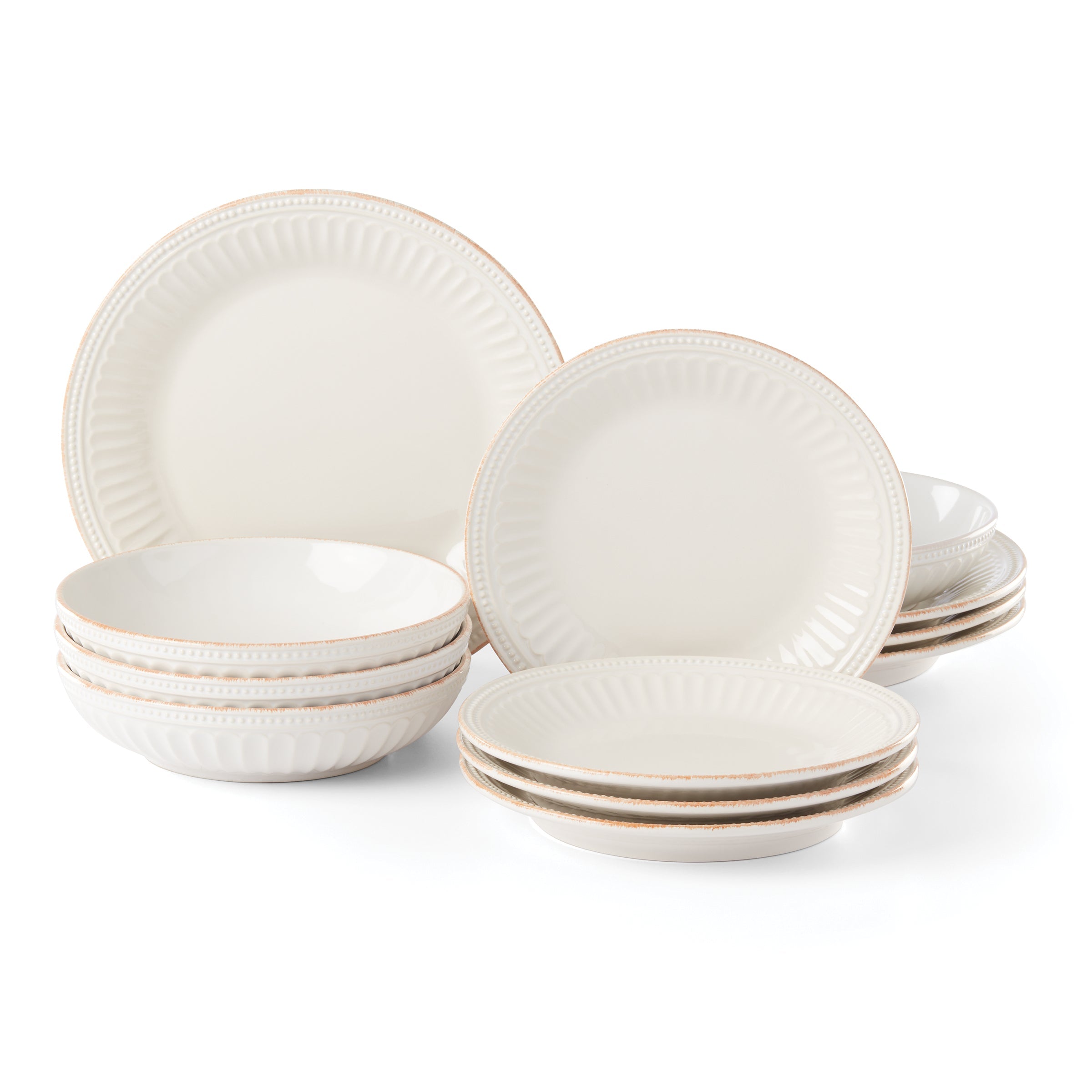 French Perle Groove White 12 Piece Dinnerware Set