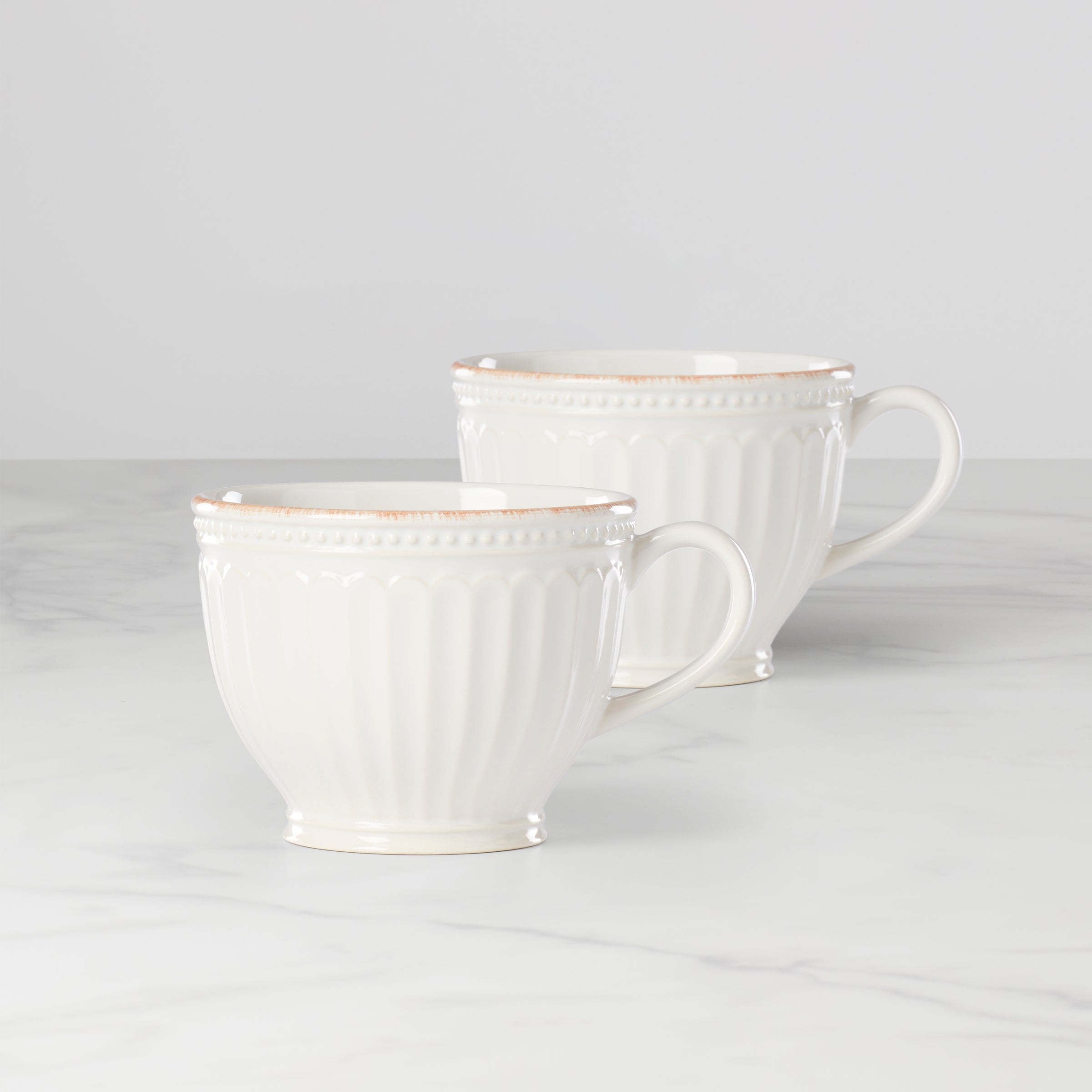 French Perle Groove White Latte Mugs Set of 2