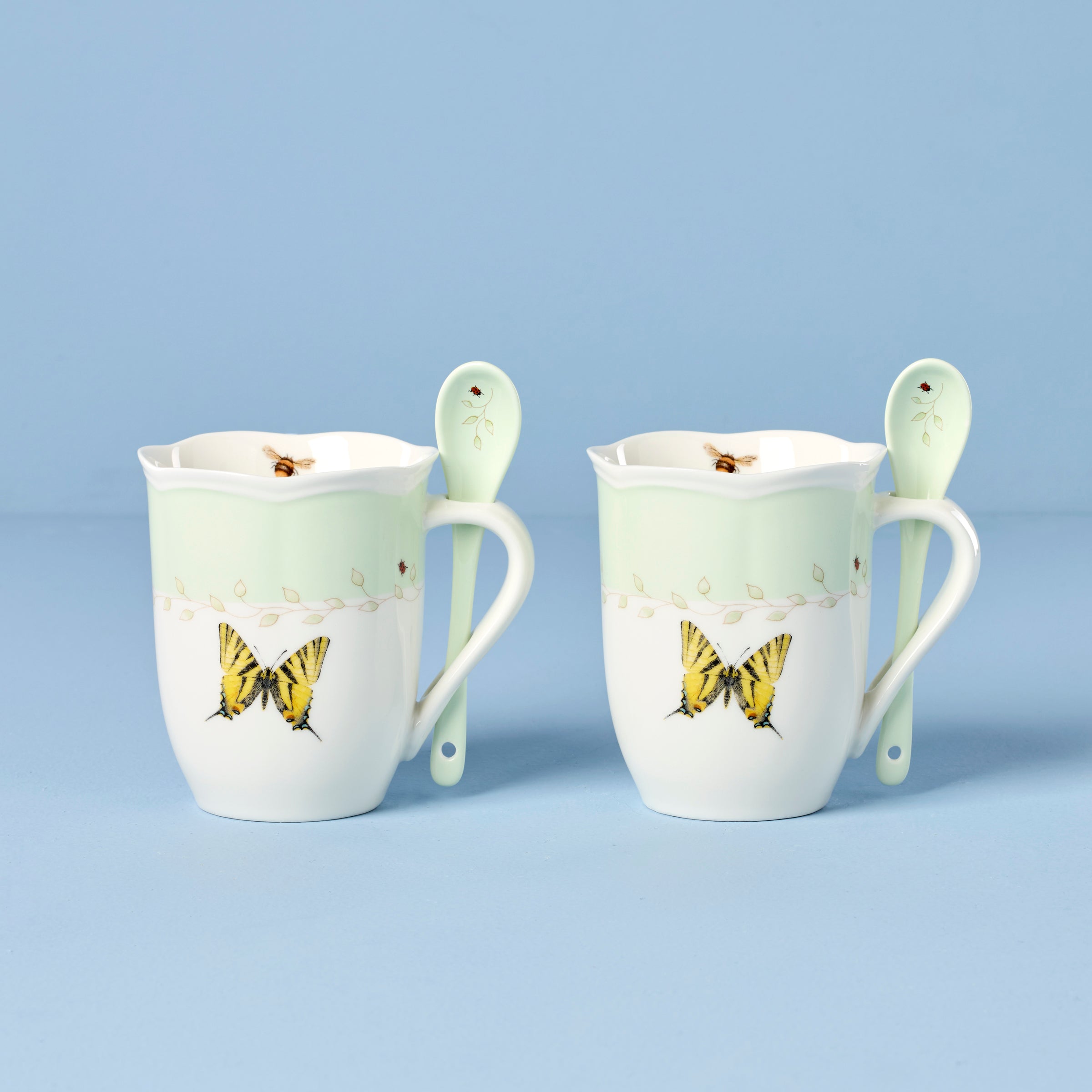 Butterfly Meadow Green Mugs With Spoons   Set of 2