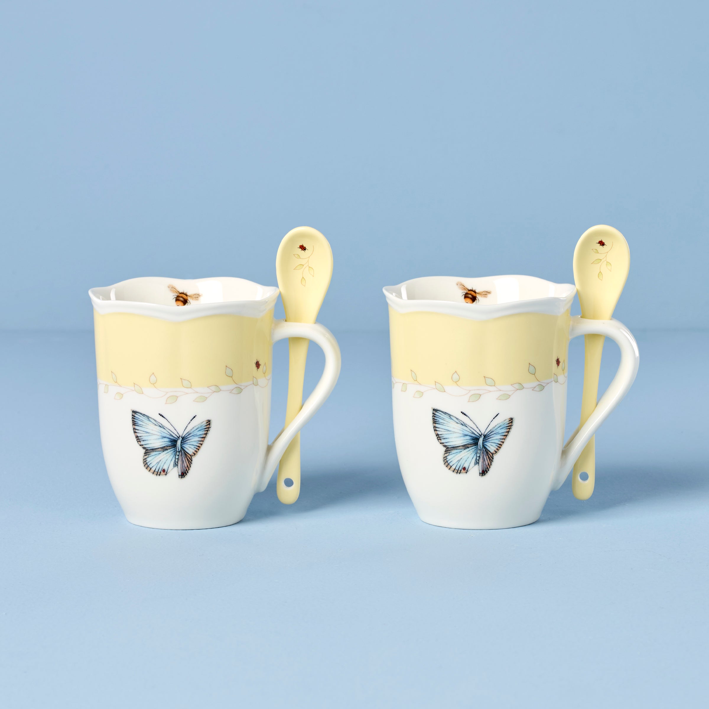 Butterfly Meadow Yellow Mugs With Spoons Set of 2