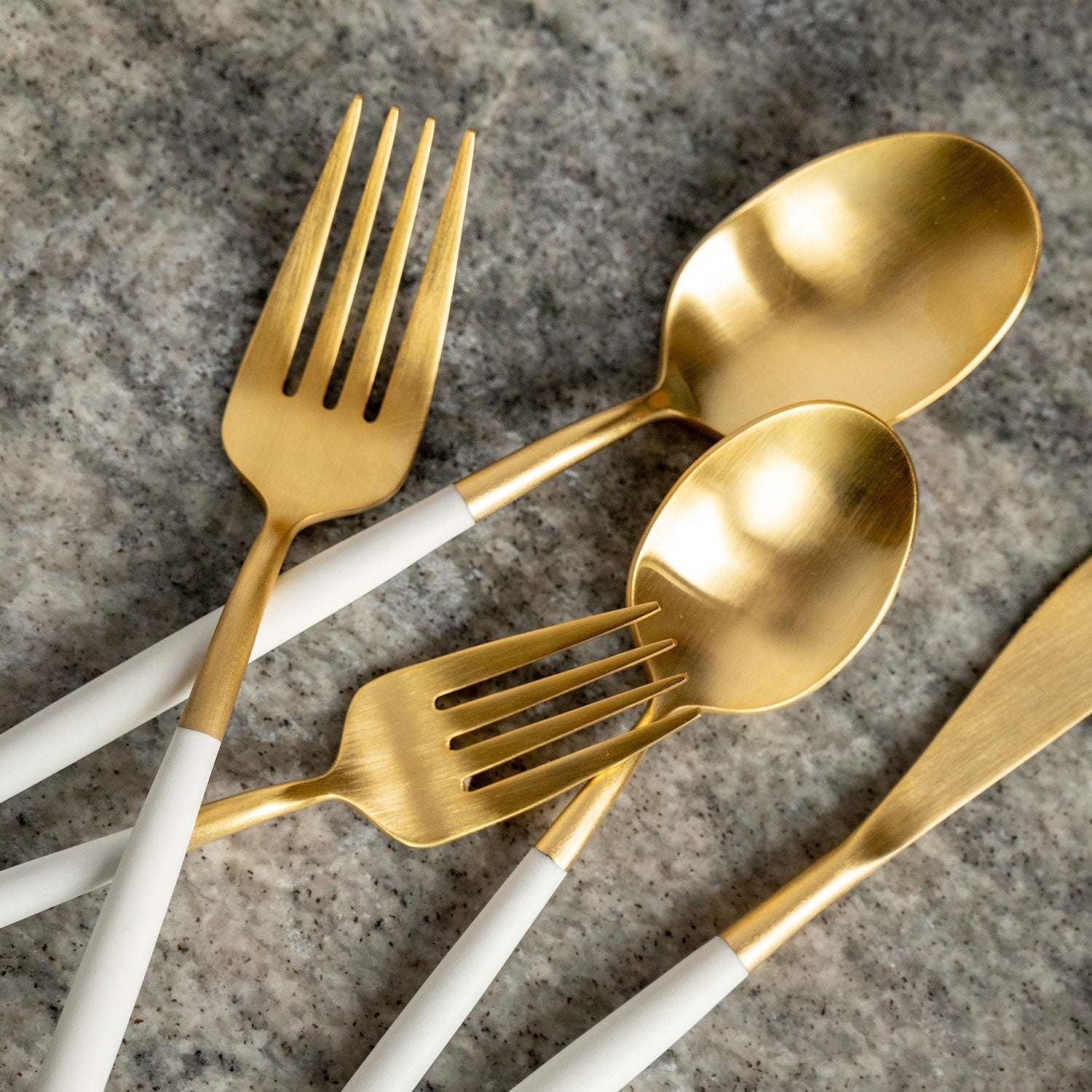 Mazzy Gold Satin White Pom Handle 20 Piece Flatware Set - Image 3